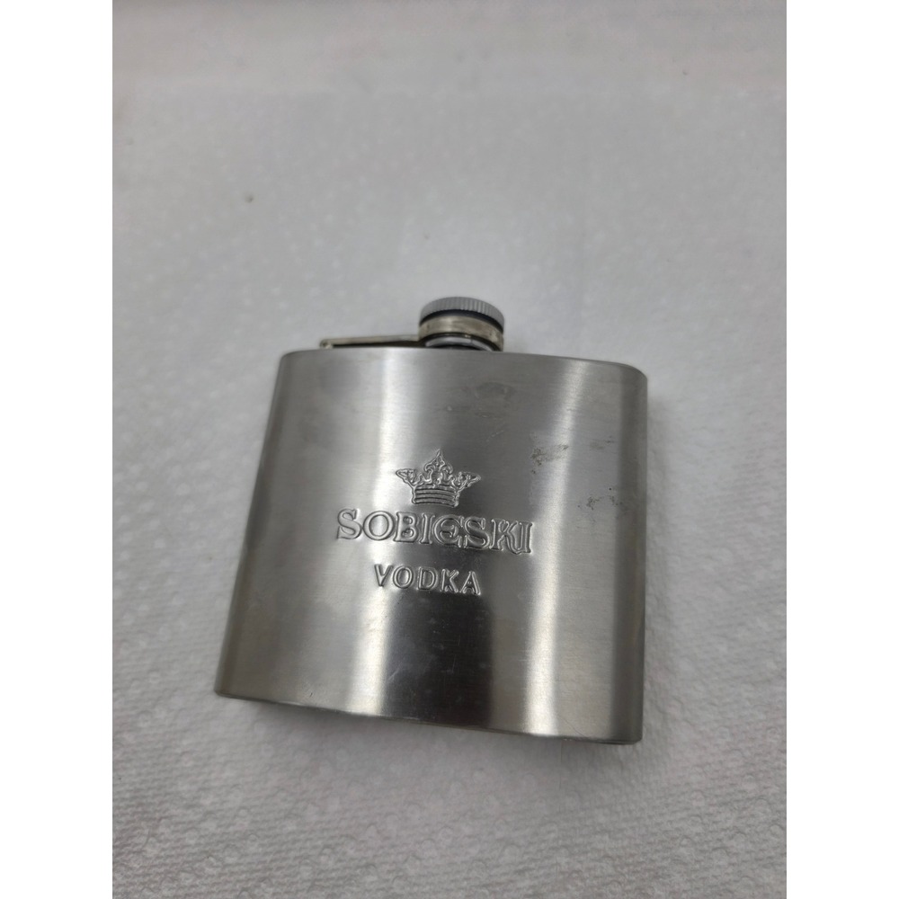Sobieski Vodka Stainless Steel Hip Flask 5oz‎ Embossed Logo Silver Barware